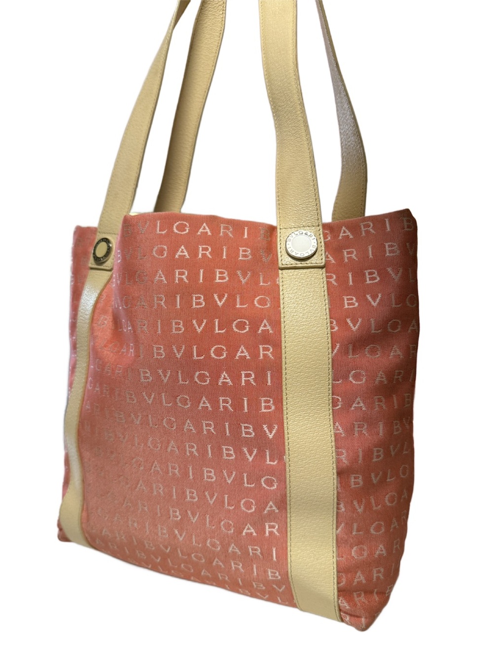 BVLGARI Bulgari Logomania Pink Canvas Tote with Cream Straps - Picture 4 of 15